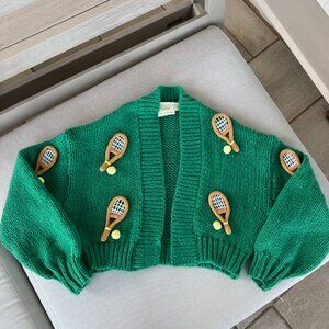 Anthropologie Maeve The Alicia Tennis Racket Cardigan 3D Knit Sweater Green OS